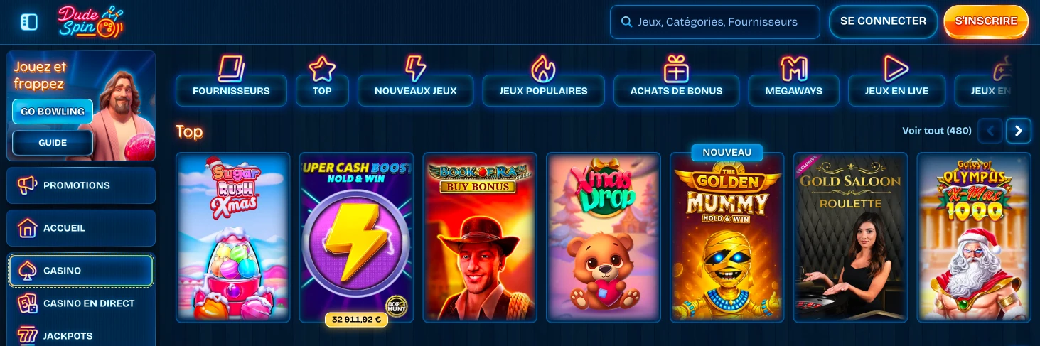 Dudespins Casino Interface auf einem mobilen Gerät